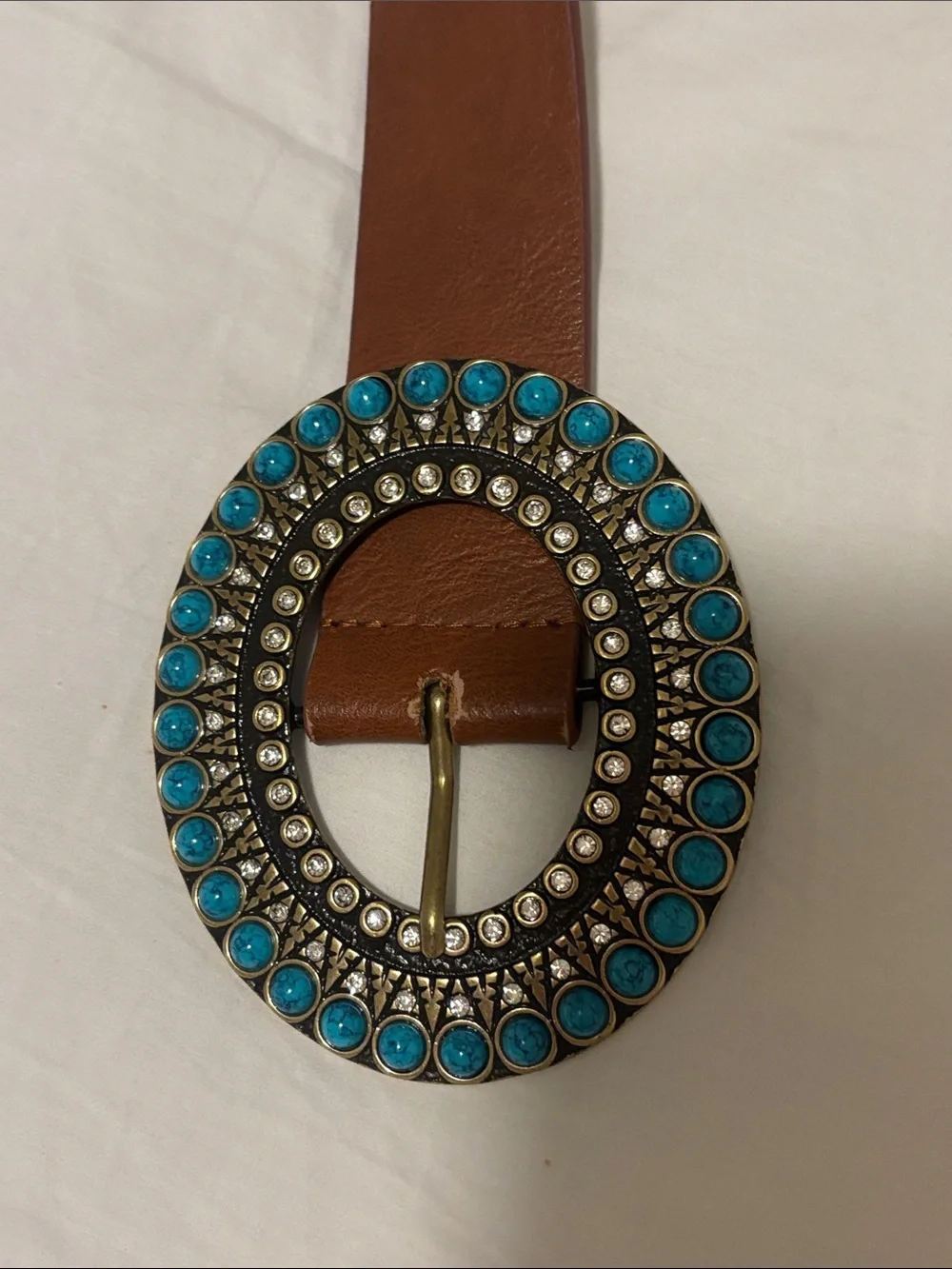 Chico’s Belt brown leather size medium aqua & diamond like jeweled buckle